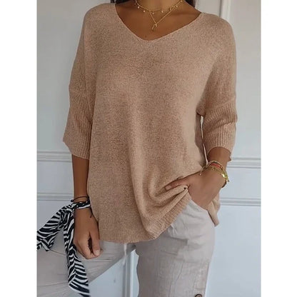 Solid Color Knitted V-neck Top