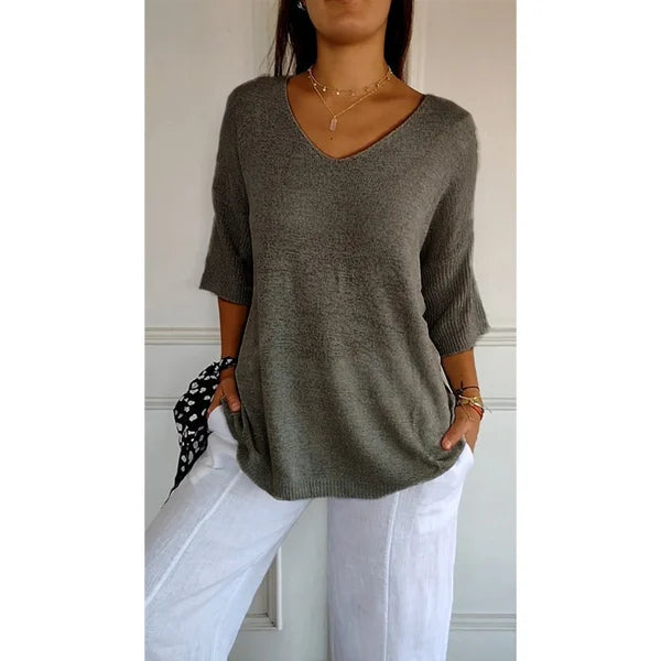 Solid Color Knitted V-neck Top