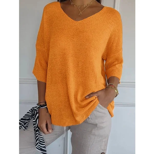 Solid Color Knitted V-neck Top