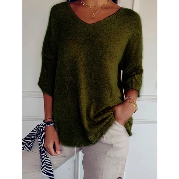 Solid Color Knitted V-neck Top