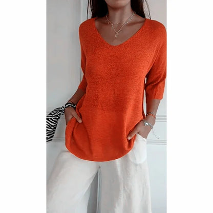 Solid Color Knitted V-neck Top