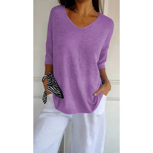 Solid Color Knitted V-neck Top