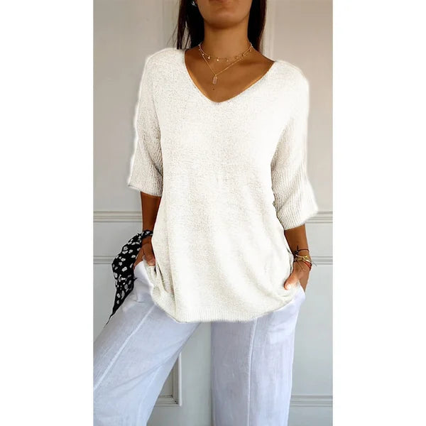 Solid Color Knitted V-neck Top