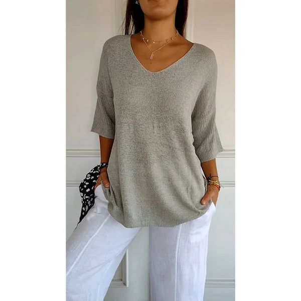 Solid Color Knitted V-neck Top