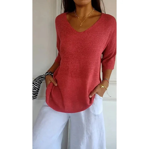 Solid Color Knitted V-neck Top