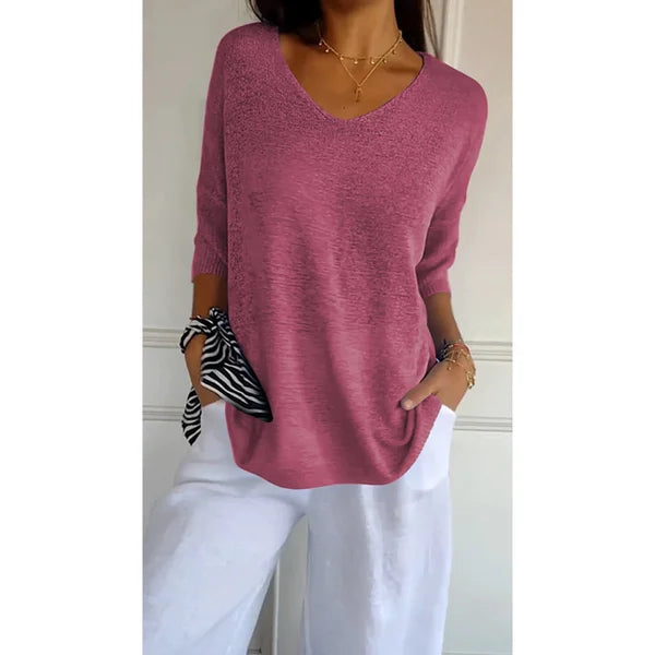 Solid Color Knitted V-neck Top